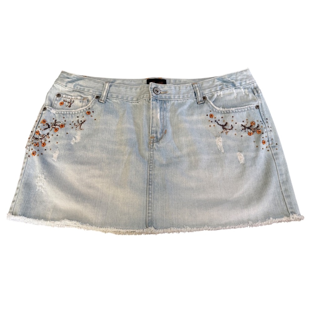 Rare Y2K Aeropostale Womens Denim Mini Skirt Beaded Distressed Size 13/14‎ EUC